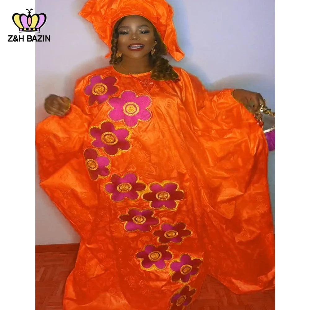 African Dresses For Woman Plus Size Bazin Riche Robe Embroidery With Embroidery Original Basin Floor Long Dresses With Scarf
