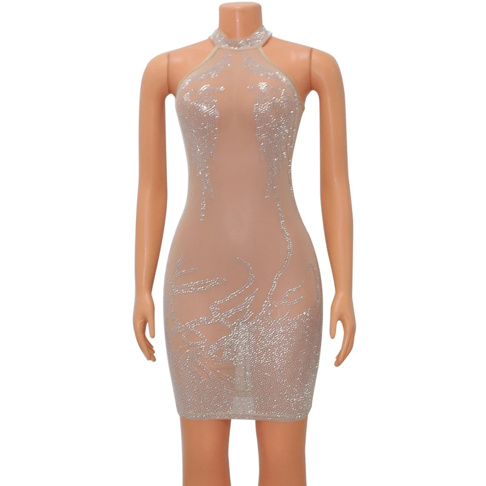 Sexy Mesh Rhinestone Short Prom Evening Mini Dress See Through Outfits Luxury