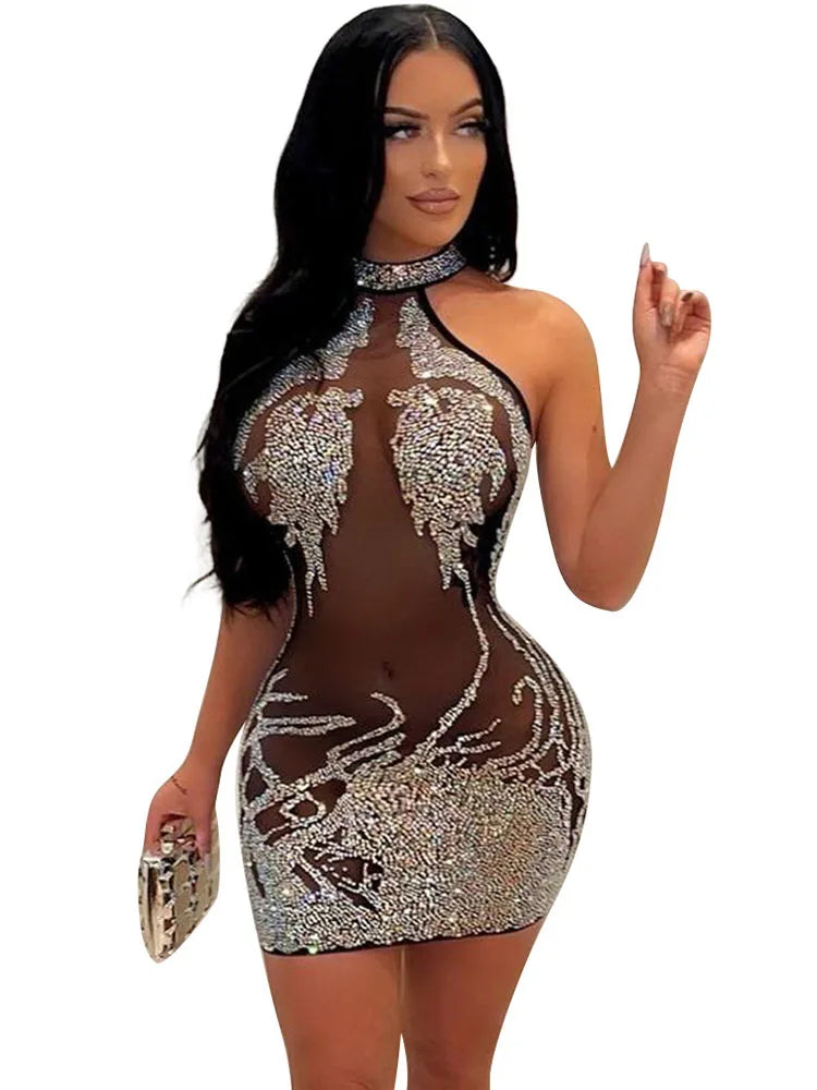 Sexy Mesh Rhinestone Short Prom Evening Mini Dress See Through Outfits Luxury