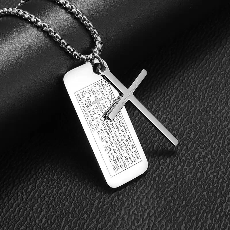 Men's Cross Necklace Stainless Steel Silver Color Faith Cross Bible Verse Dog Tag Pendant Necklace Birthday Gifts for Boys