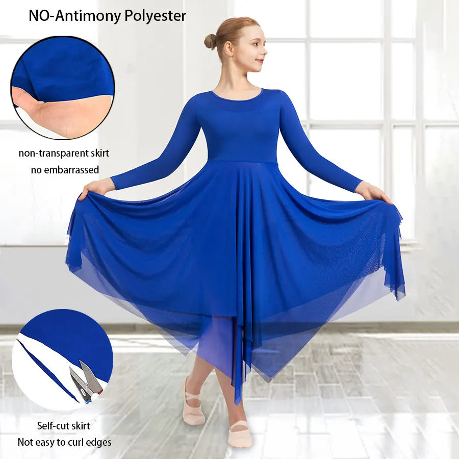 Women Long Sleeve Praise Dance Loose Fit Church Liturgical Worship Costume with Double Layered Irregular Skirt Dance Dresses