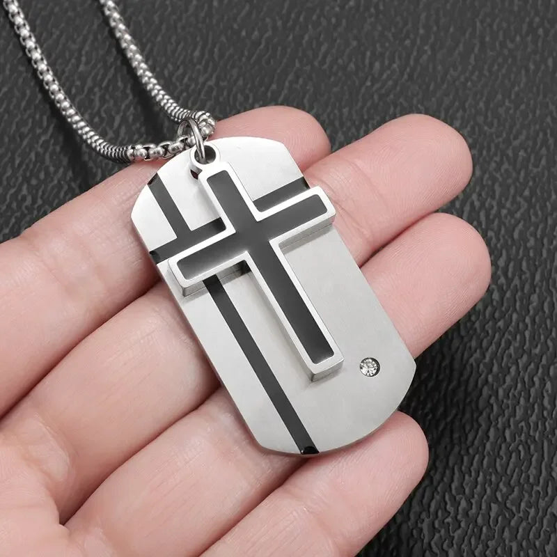 Men's Cross Necklace Stainless Steel Silver Color Faith Cross Bible Verse Dog Tag Pendant Necklace Birthday Gifts for Boys