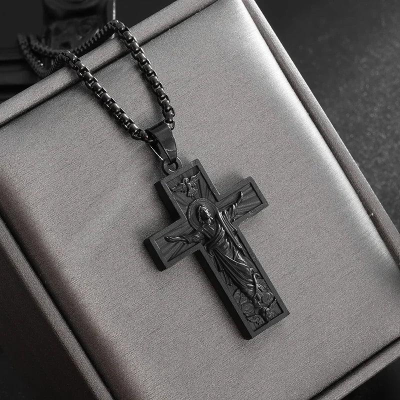 Men's Cross Necklace Stainless Steel Silver Color Faith Cross Bible Verse Dog Tag Pendant Necklace Birthday Gifts for Boys