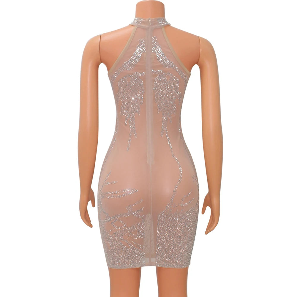 Sexy Mesh Rhinestone Short Prom Evening Mini Dress See Through Outfits Luxury