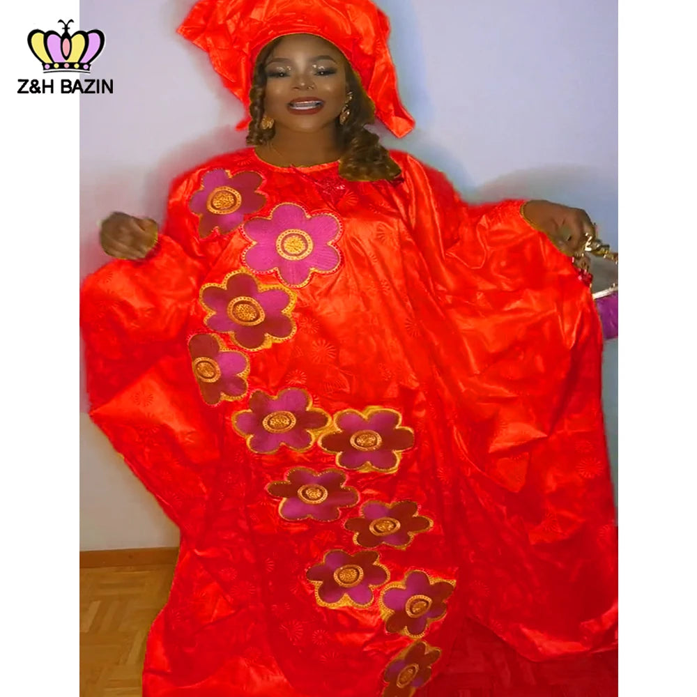 African Dresses For Woman Plus Size Bazin Riche Robe Embroidery With Embroidery Original Basin Floor Long Dresses With Scarf