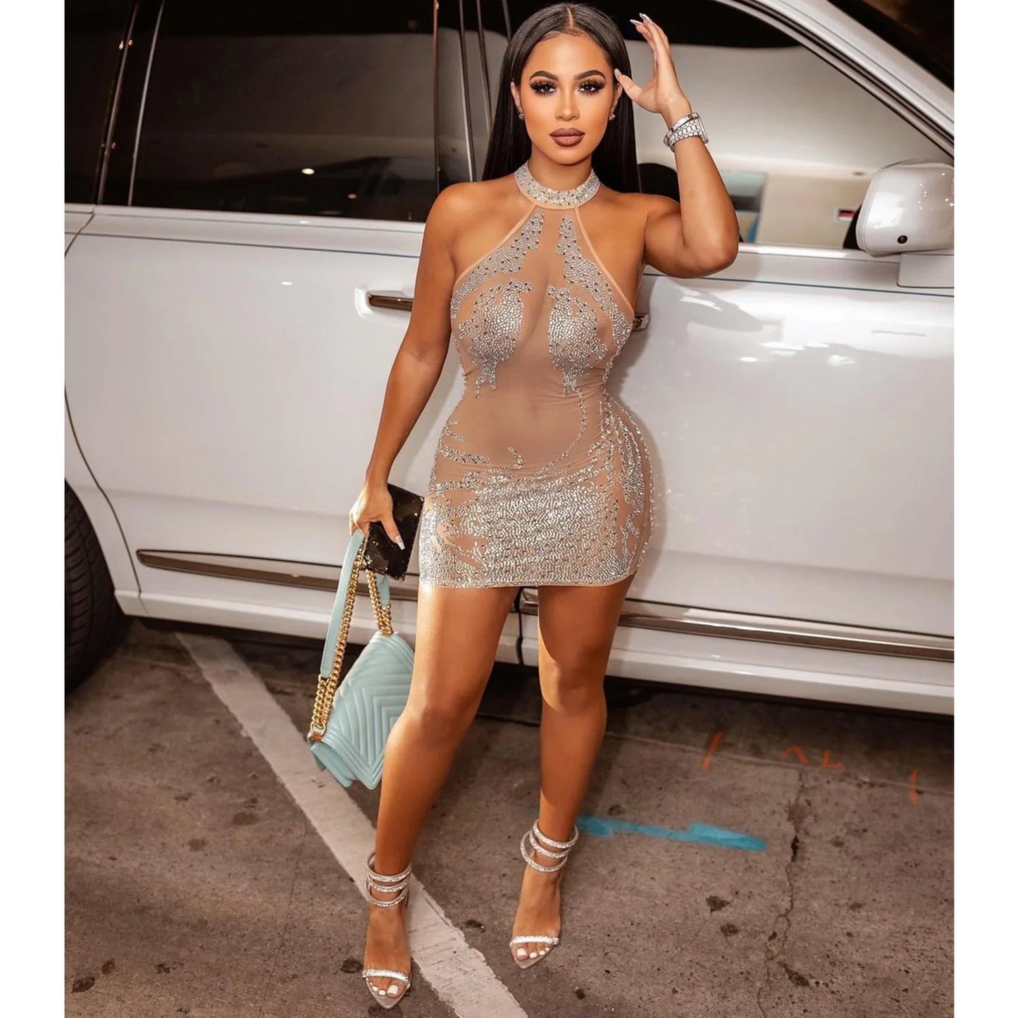 Sexy Mesh Rhinestone Short Prom Evening Mini Dress See Through Outfits Luxury