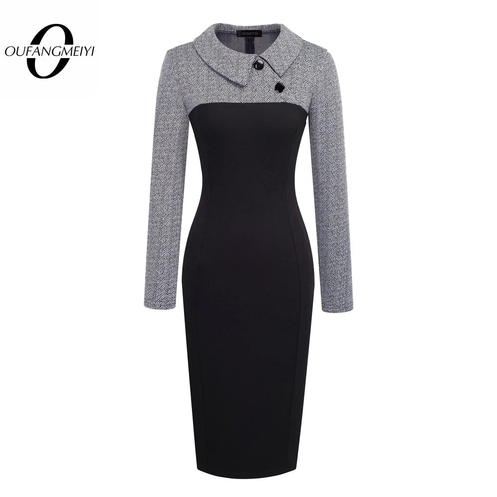 Vintage Women Patchwork Pattern Bodycon Elegant Office Ladies Charming Dress