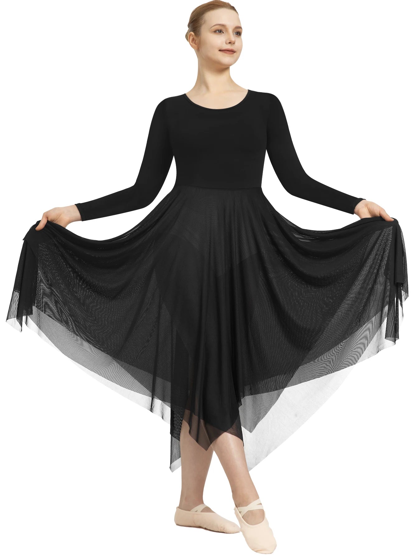 Newest Praise Dance For Women Ballet Costume Dress Long Sleeve ,Double Layered Irregular Skirt,No Crotch And Lining