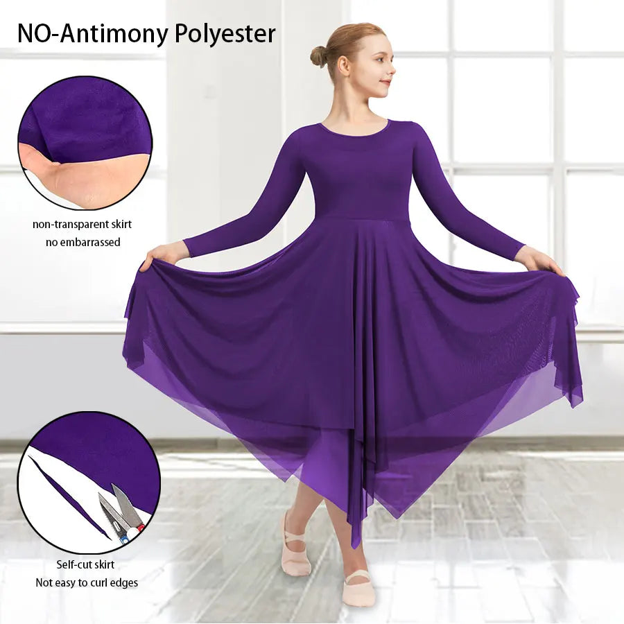 Women Long Sleeve Praise Dance Loose Fit Church Liturgical Worship Costume with Double Layered Irregular Skirt Dance Dresses
