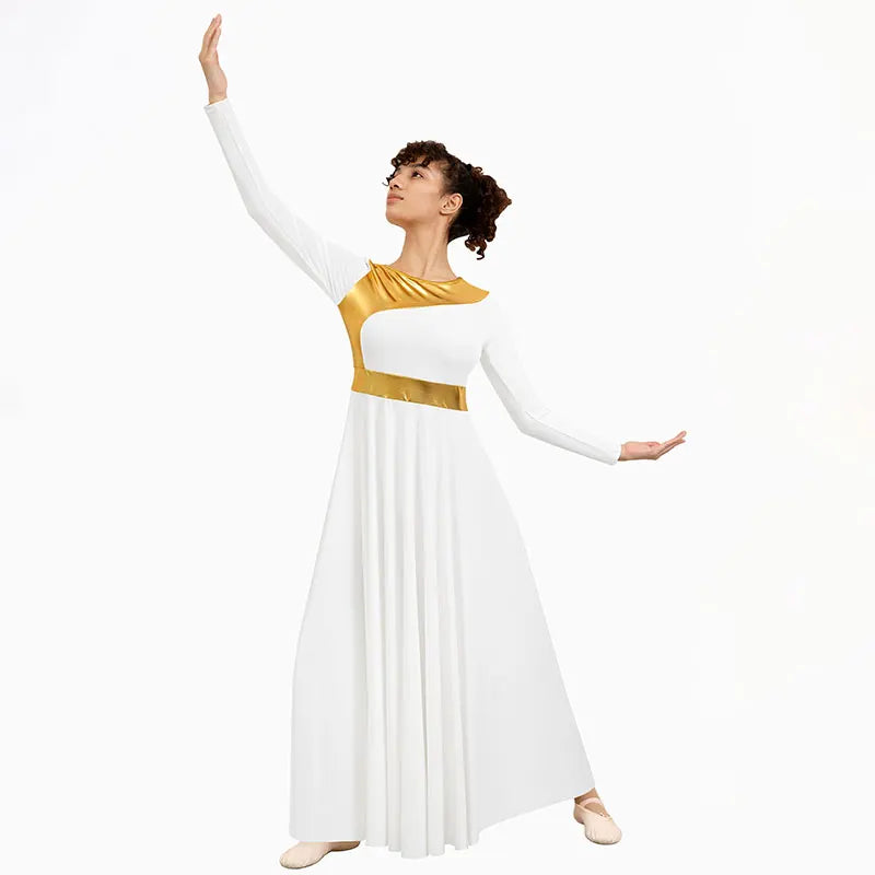 Women's Praise Dance Dress Metallic Fit Full Length Liturgical Worship Costume Long Sleeve Dancewear