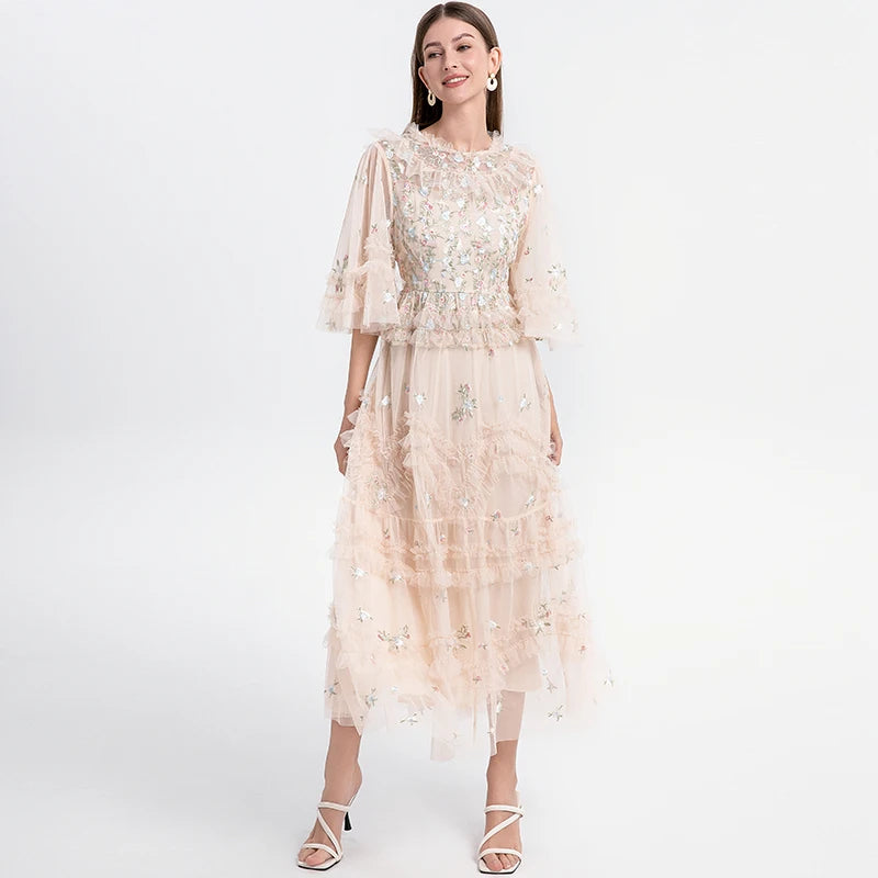 Runway Luxury Long Dresses Women 2025 Summer Holiday Embroidery Flower Ruffles Midi Party Evening Dress Lady Prom Vestidos