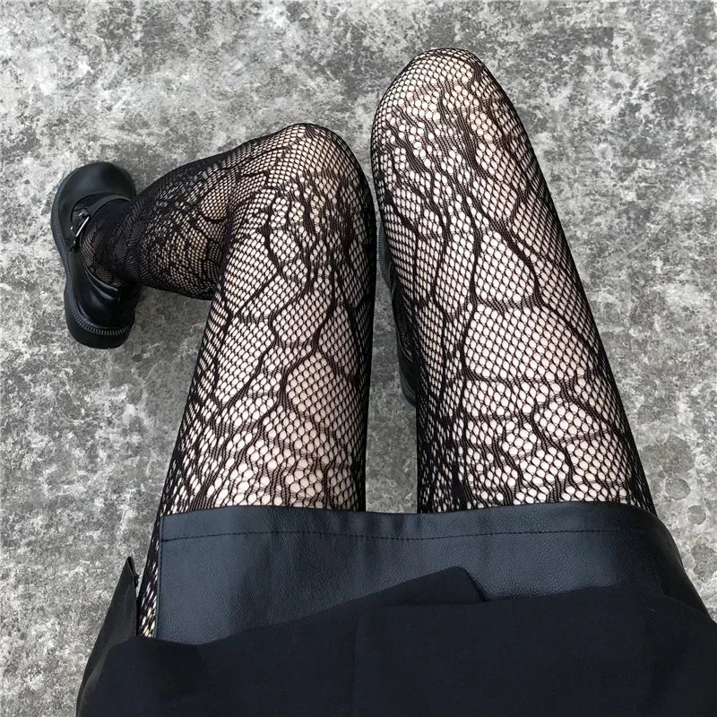 Sexy Lace Mesh Stockings Bottomed Pantyhose Classic Lolita Hollowed Fishnet Women's Netting Gothic Punk Retro Spider Web Tights