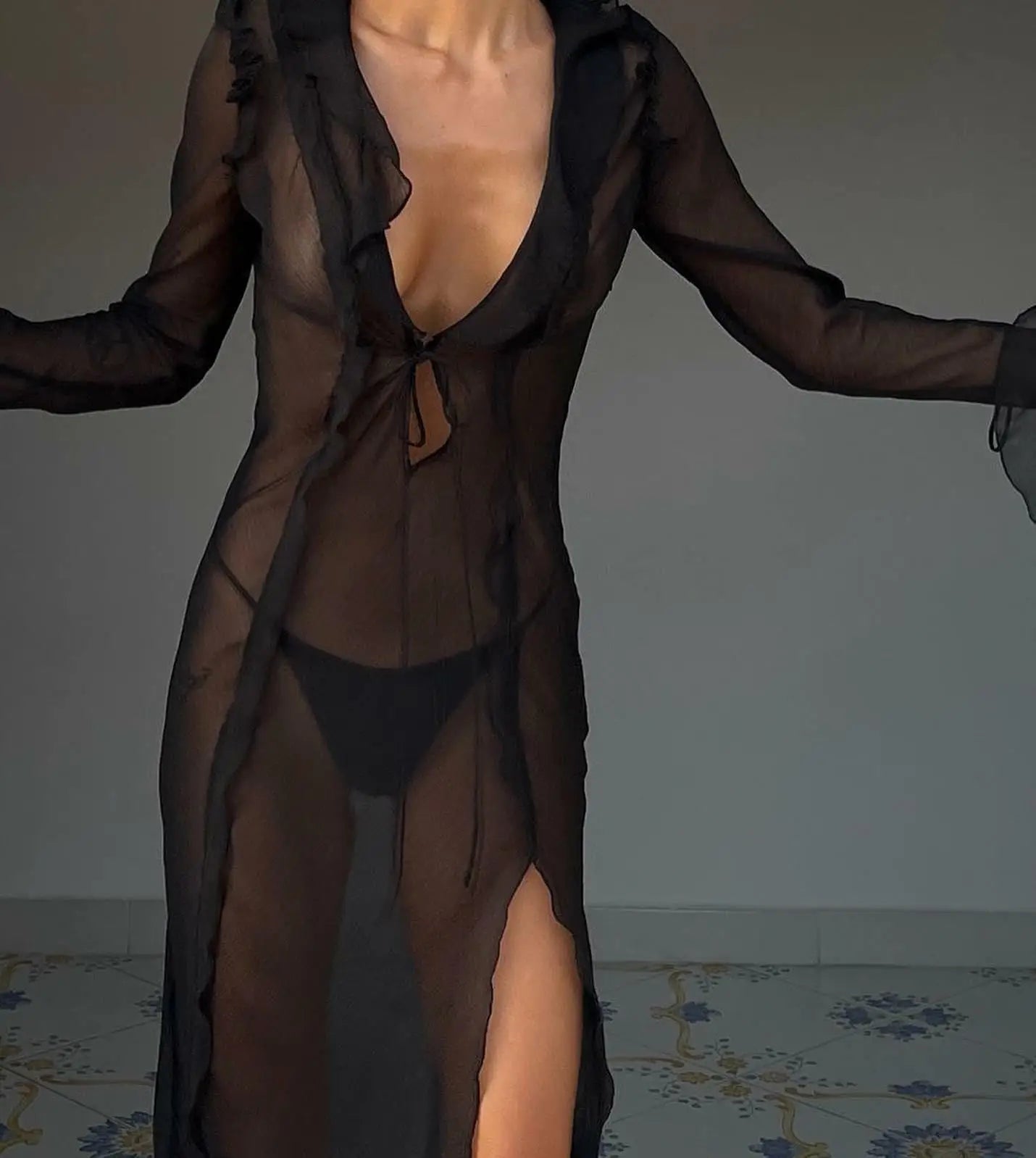 New Fashion Women Long Dress Long Sleeve Beach Swimwear Cover-Ups S M L