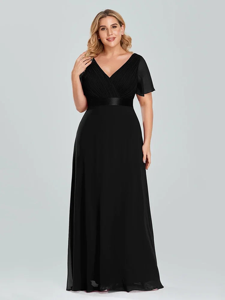 Prom Dresses Plus Size Evening Dresses Long Elegant A Line V Neck Ruffles Chiffon Formal Wedding Party Dress Robe De Soiree