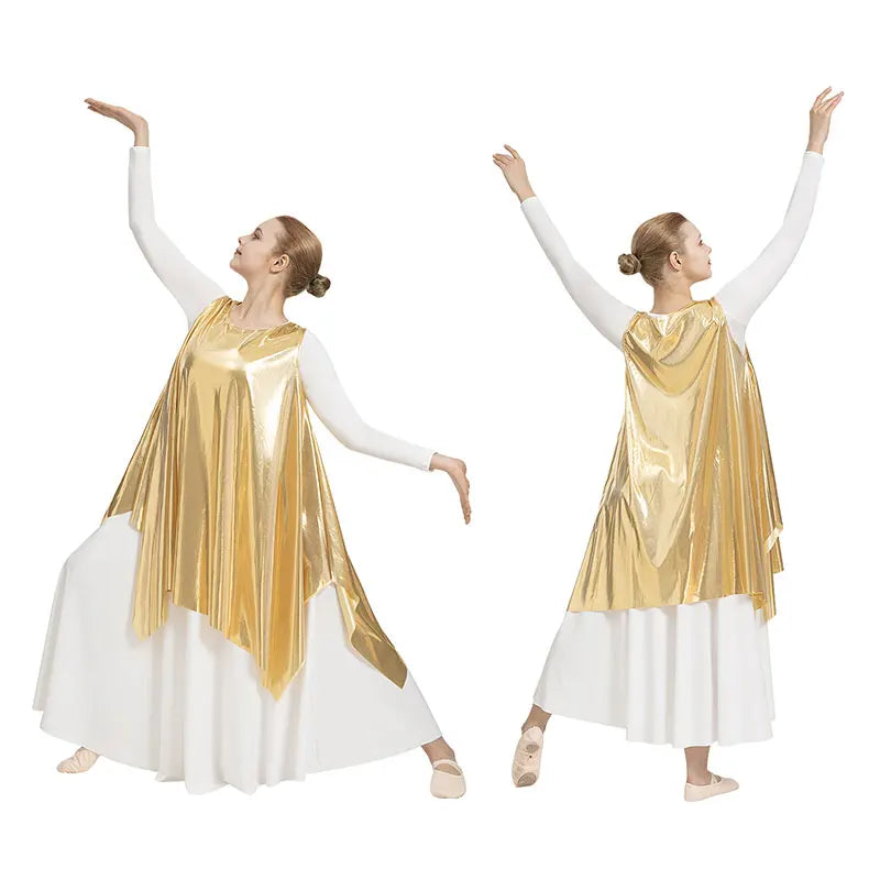 Women's Round Neck Metallic Style Praise Dance Vest Worship Tank Pullover with Shiny Top and Loose Hem Praise Dance Vest