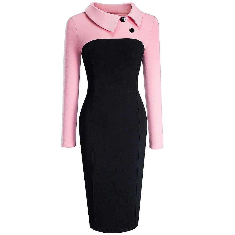Vintage Women Patchwork Pattern Bodycon Elegant Office Ladies Charming Dress