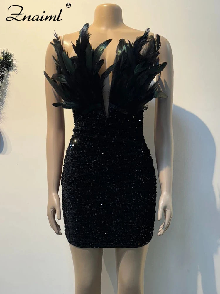Women’s Feathers Sequin Strapless Deep V-neck Black Bodycon Mini Dresses Sexy