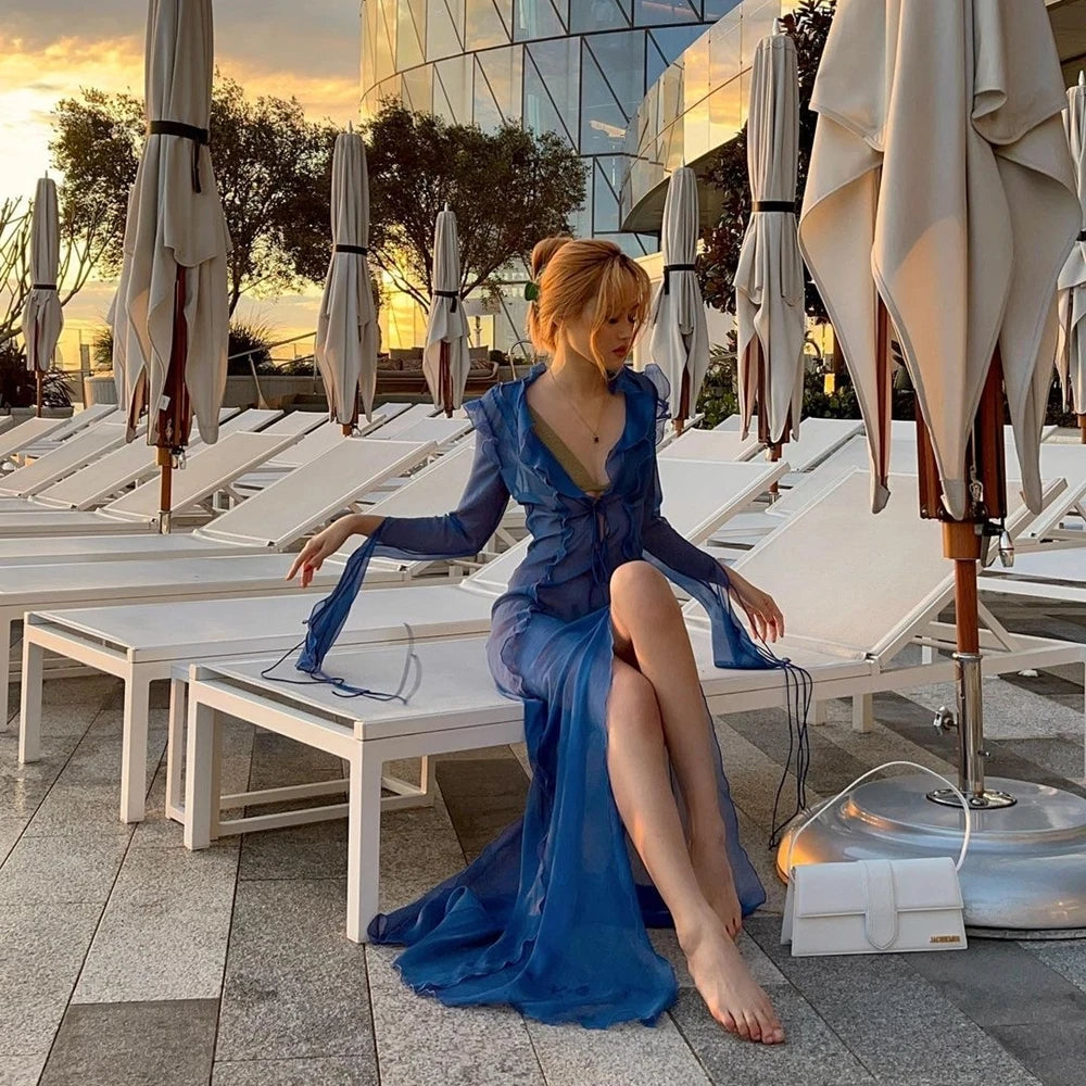 New Fashion Women Long Dress Long Sleeve Beach Swimwear Cover-Ups S M L