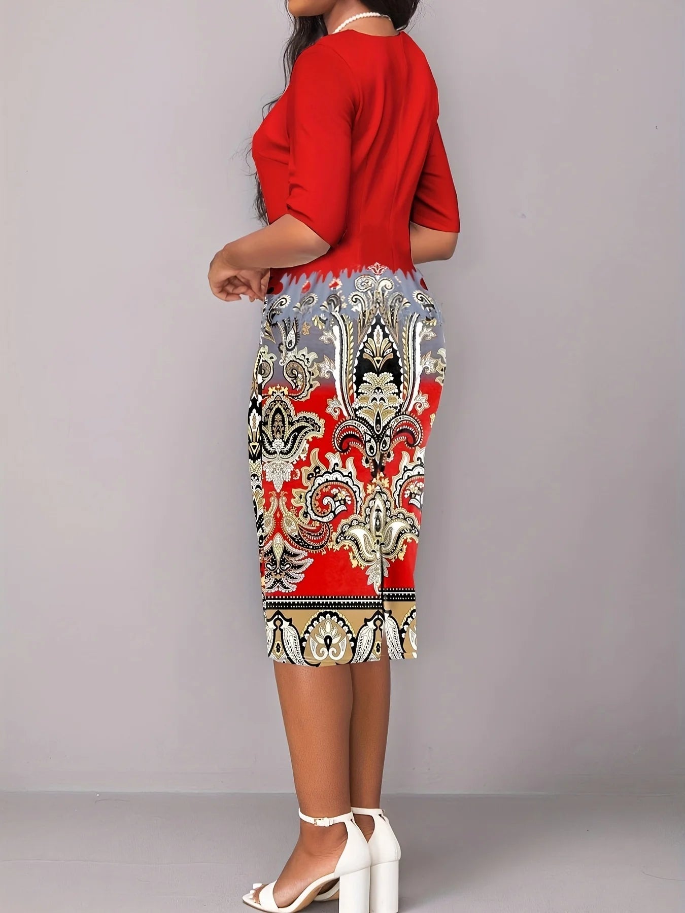 Women's Plus Size Elegant Dress Women's Plus Color Block Paisley Flower Print Fake Two-Piece Dress