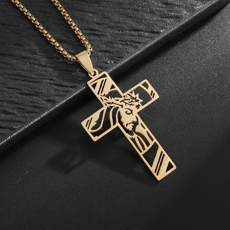 Men's Cross Necklace Stainless Steel Silver Color Faith Cross Bible Verse Dog Tag Pendant Necklace Birthday Gifts for Boys