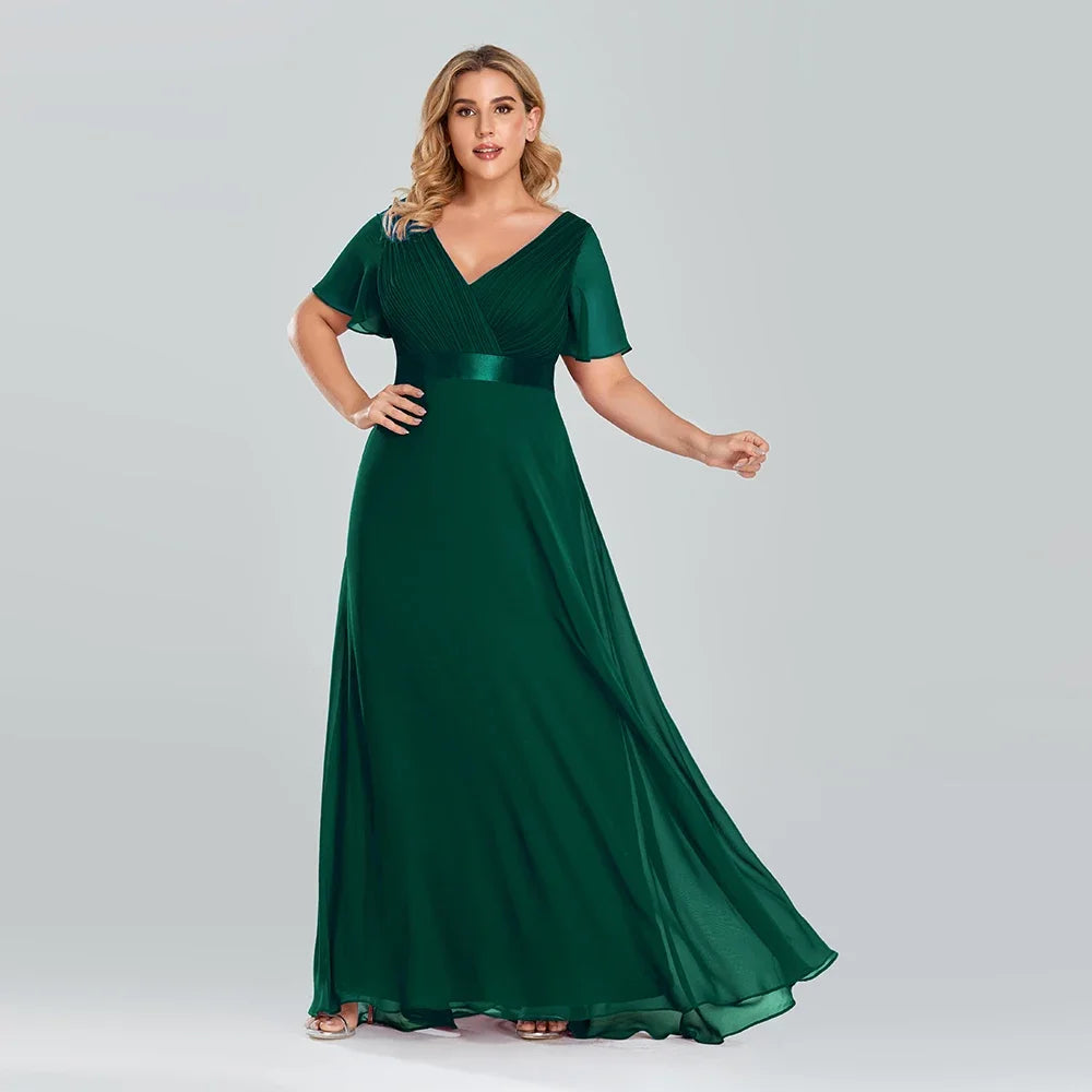 Prom Dresses Plus Size Evening Dresses Long Elegant A Line V Neck Ruffles Chiffon Formal Wedding Party Dress Robe De Soiree