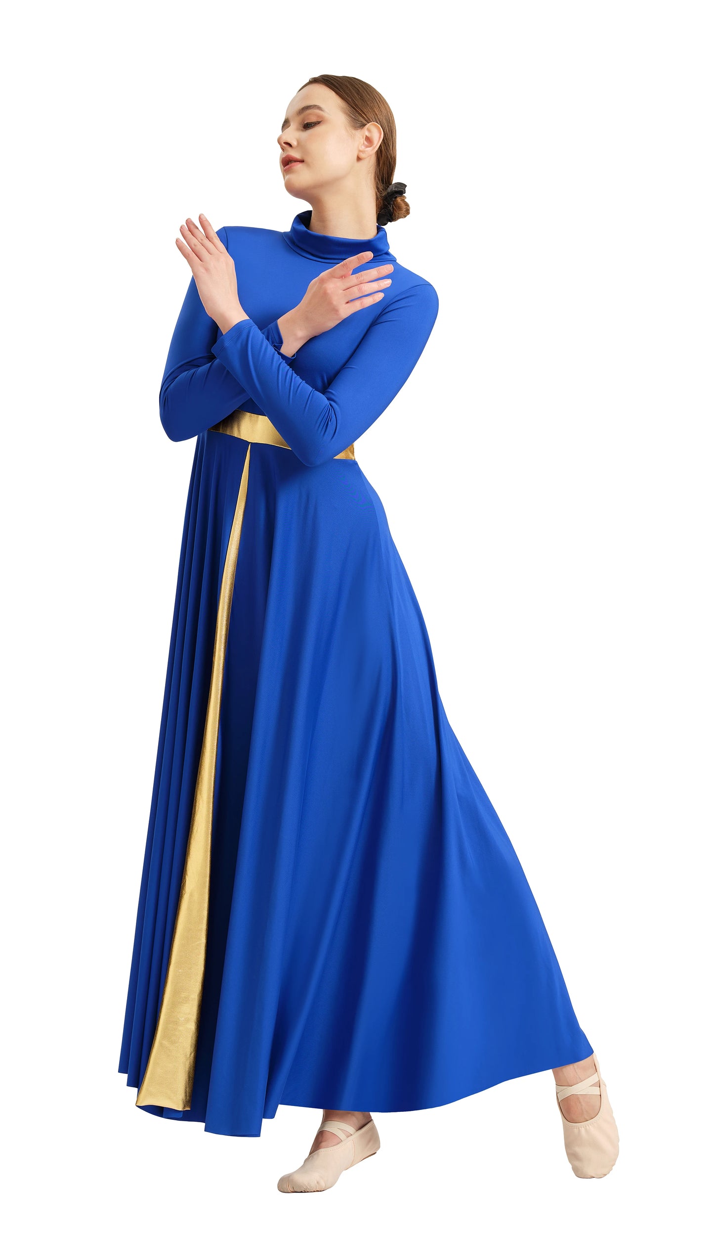 Women's Praise Dance Dress Metallic Waistband Long Swing Liturgical Worship Church Robe Dress Lyrical Dancewear High Neck