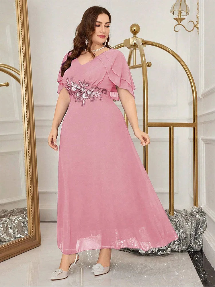 Luxury Wedding Ruffle Applique Plus Size Crew Neck Mixi Dress For Women Summer Purple Red Chiffon Prom Evening Dress
