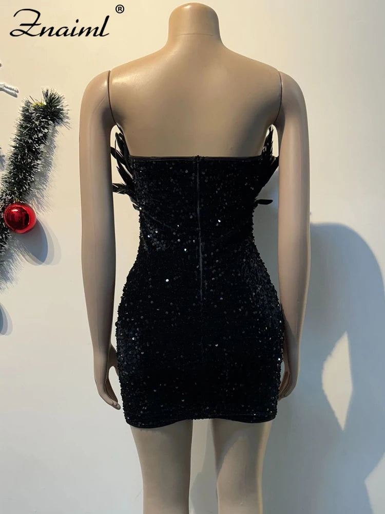 Women’s Feathers Sequin Strapless Deep V-neck Black Bodycon Mini Dresses Sexy