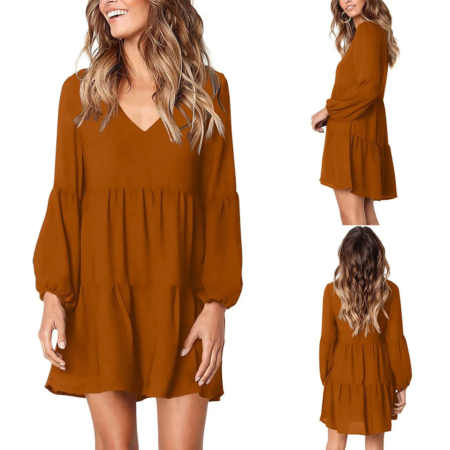 Women's Dresses Summer Tunic V Neck Casual Loose Flowy Swing Shift Lantern Long Sleeved