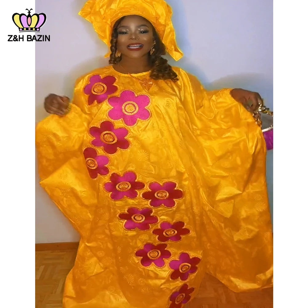 African Dresses For Woman Plus Size Bazin Riche Robe Embroidery With Embroidery Original Basin Floor Long Dresses With Scarf