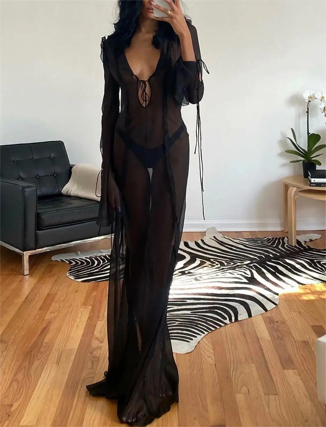 New Fashion Women Long Dress Long Sleeve Beach Swimwear Cover-Ups S M L