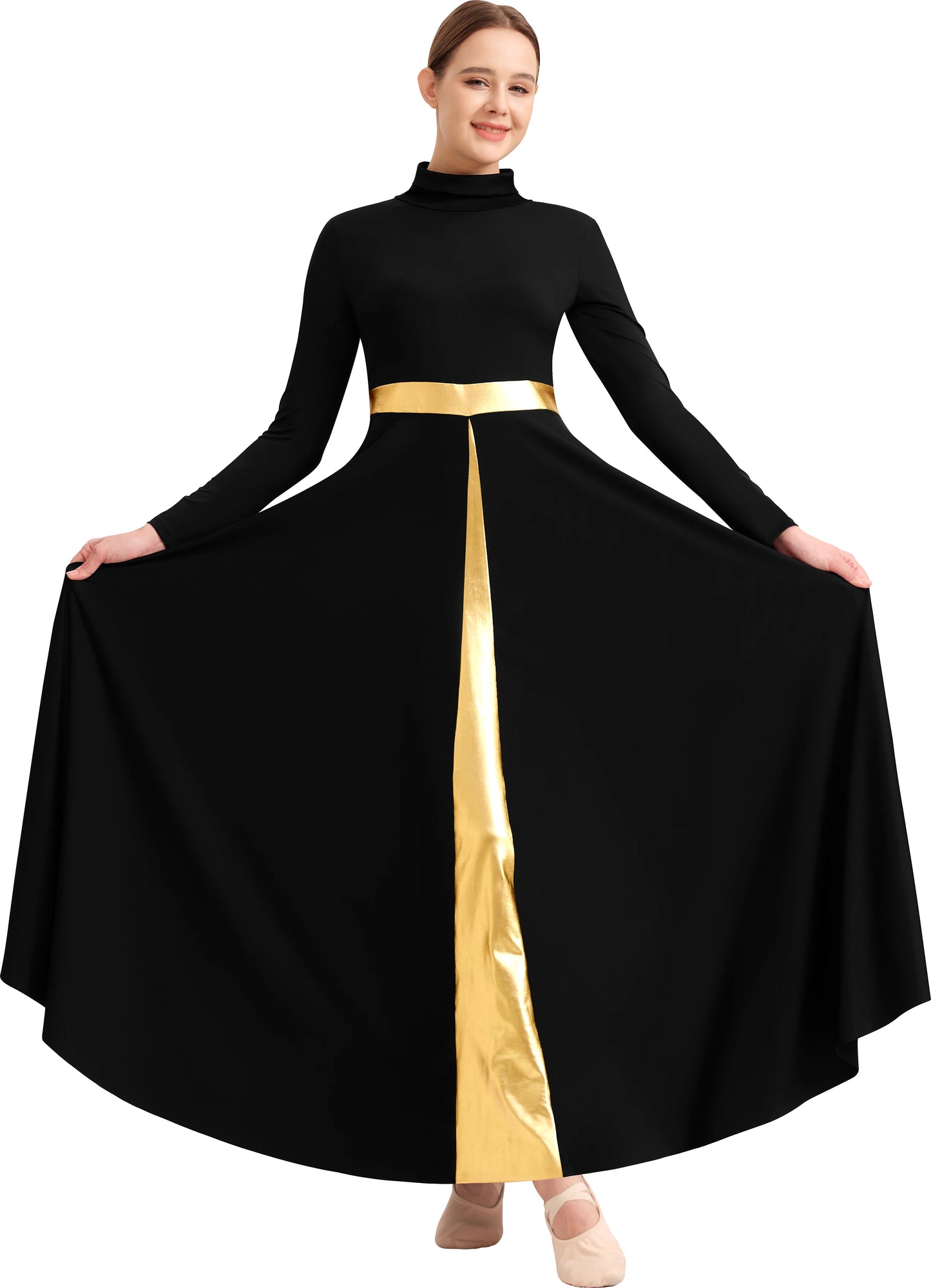 Women's Praise Dance Dress Metallic Waistband Long Swing Liturgical Worship Church Robe Dress Lyrical Dancewear High Neck
