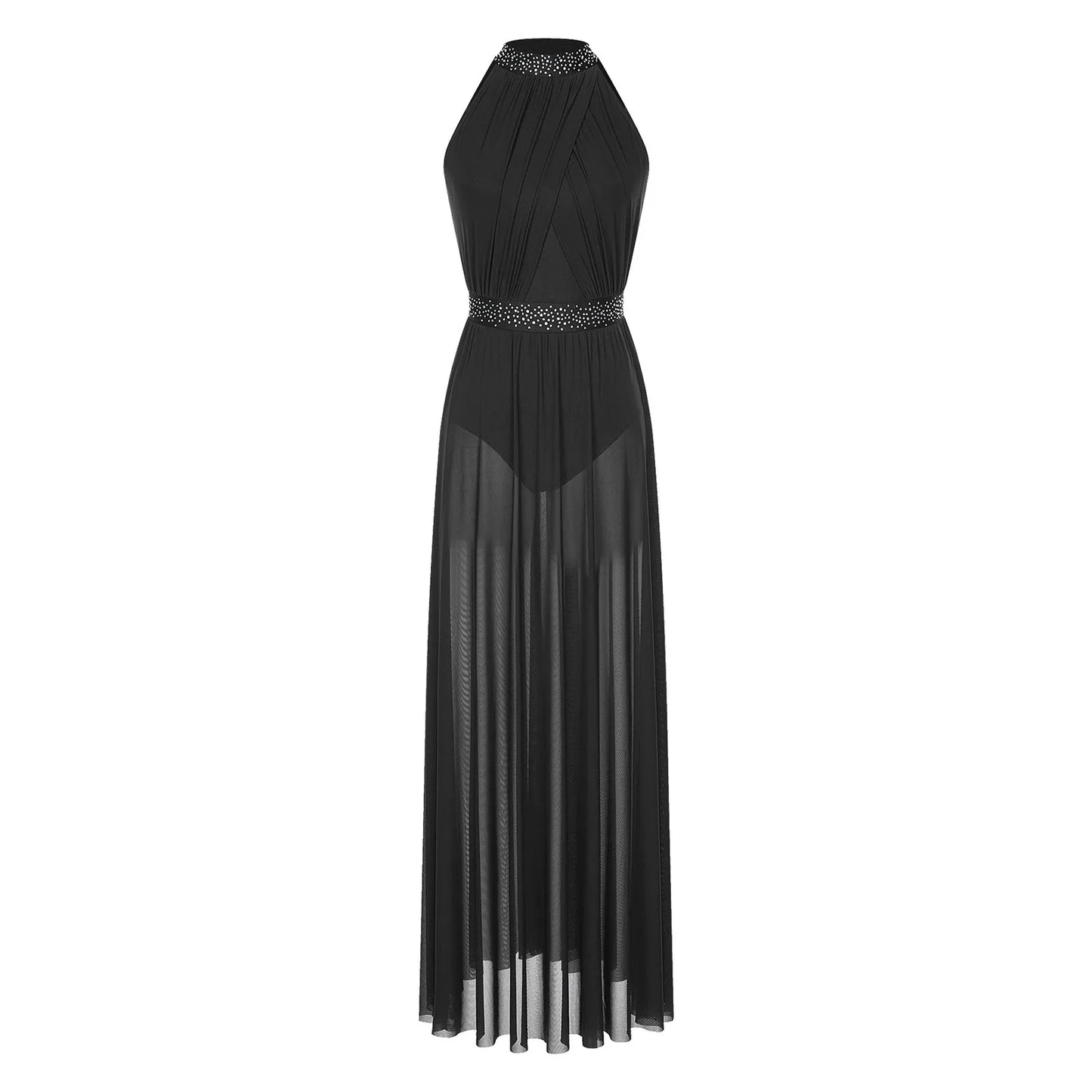 Womens Ballet Dress Lyrical Latin Dance Performance Costume Sleeveless Keyhole Back Shiny Rhinestones Side Split Mesh Maxi Dress