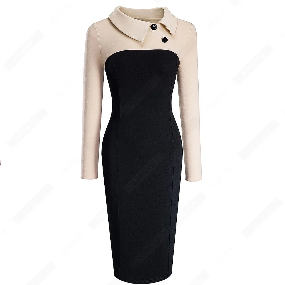 Vintage Women Patchwork Pattern Bodycon Elegant Office Ladies Charming Dress