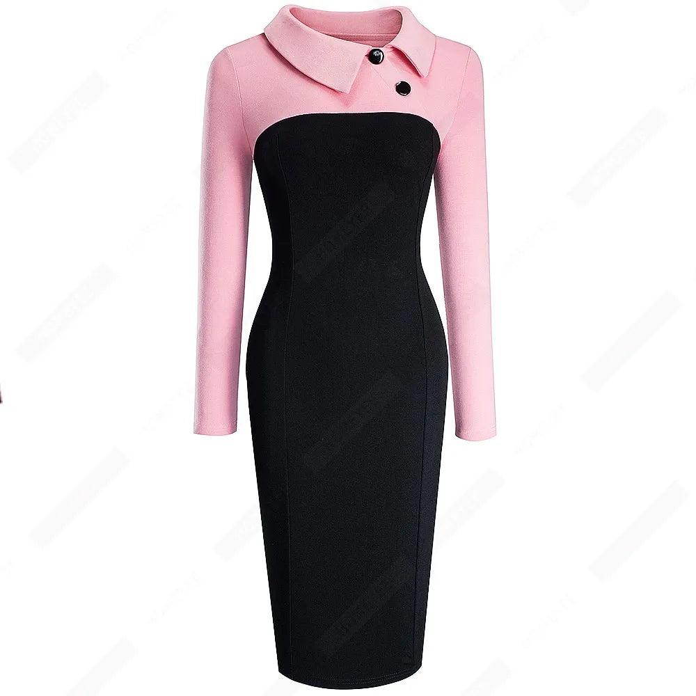 Vintage Women Patchwork Pattern Bodycon Elegant Office Ladies Charming Dress