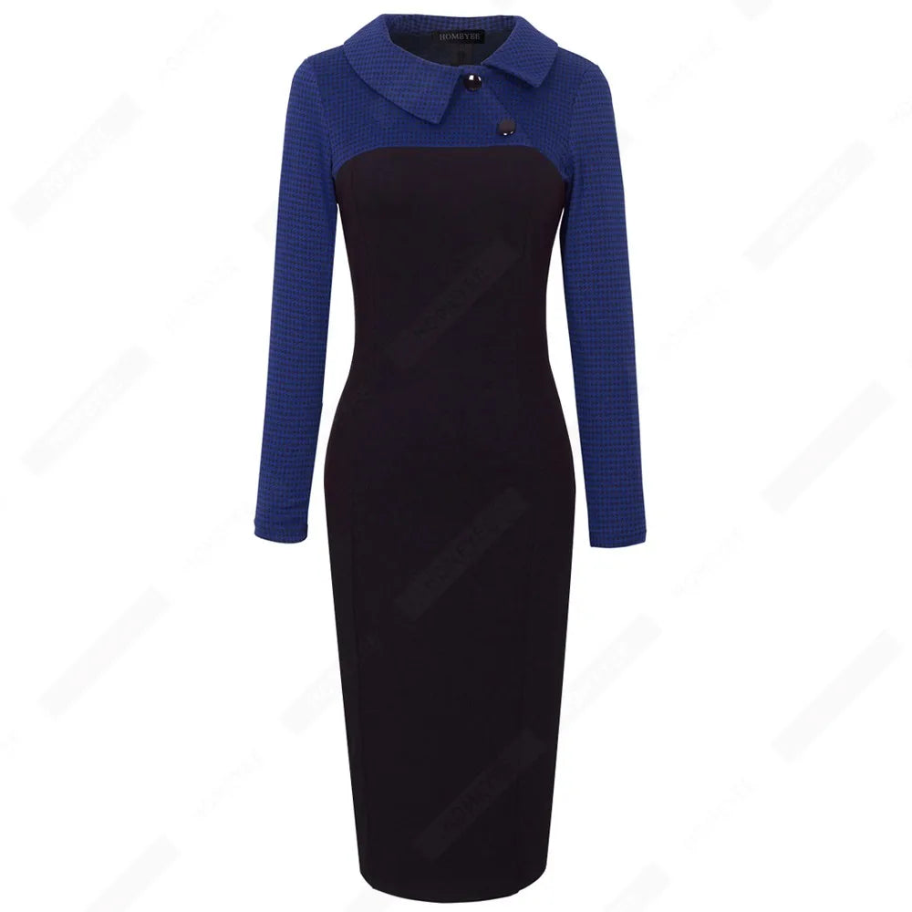 Vintage Women Patchwork Pattern Bodycon Elegant Office Ladies Charming Dress