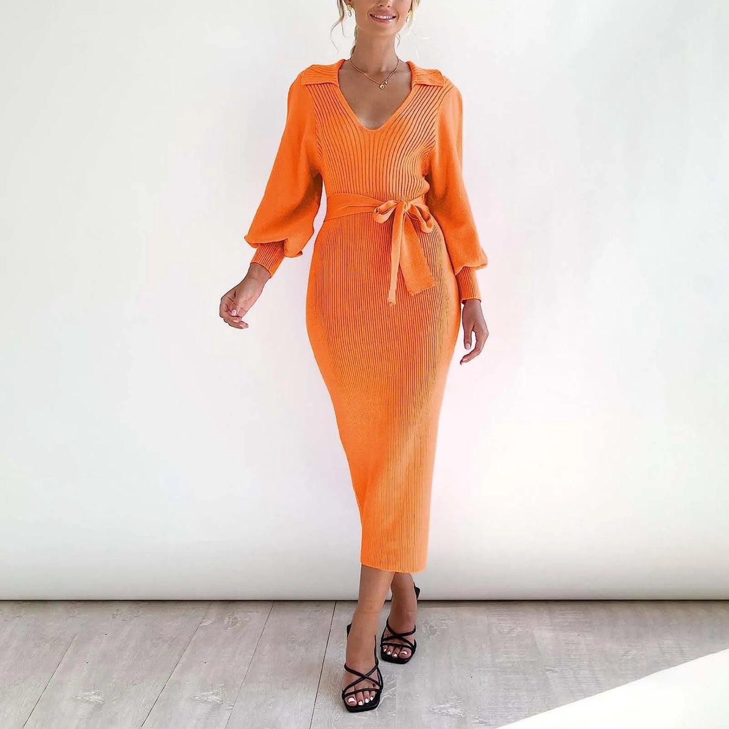 Winter Warm Women'S Knitted Dress Elegant V Neck Thick  A-Line Dress Brown Long Sleeve Vintage Midi Casual Dresses For Women