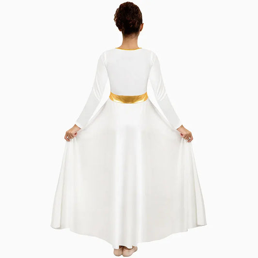 Women's Praise Dance Dress Metallic Fit Full Length Liturgical Worship Costume Long Sleeve Dancewear
