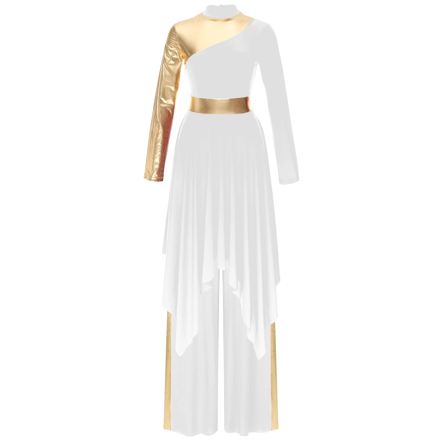 Women's Praise Dance Outfit Color Block Worship Dance Dress with Wide-Leg Pants Church Liturgical Stage Performance Dancewear