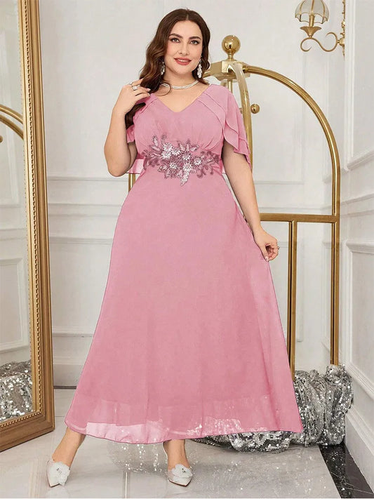 Luxury Wedding Ruffle Applique Plus Size Crew Neck Mixi Dress For Women Summer Purple Red Chiffon Prom Evening Dress
