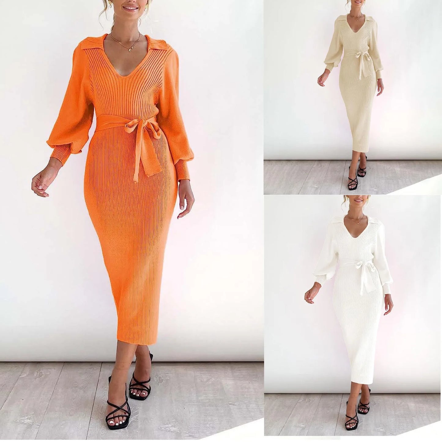 Winter Warm Women'S Knitted Dress Elegant V Neck Thick  A-Line Dress Brown Long Sleeve Vintage Midi Casual Dresses For Women