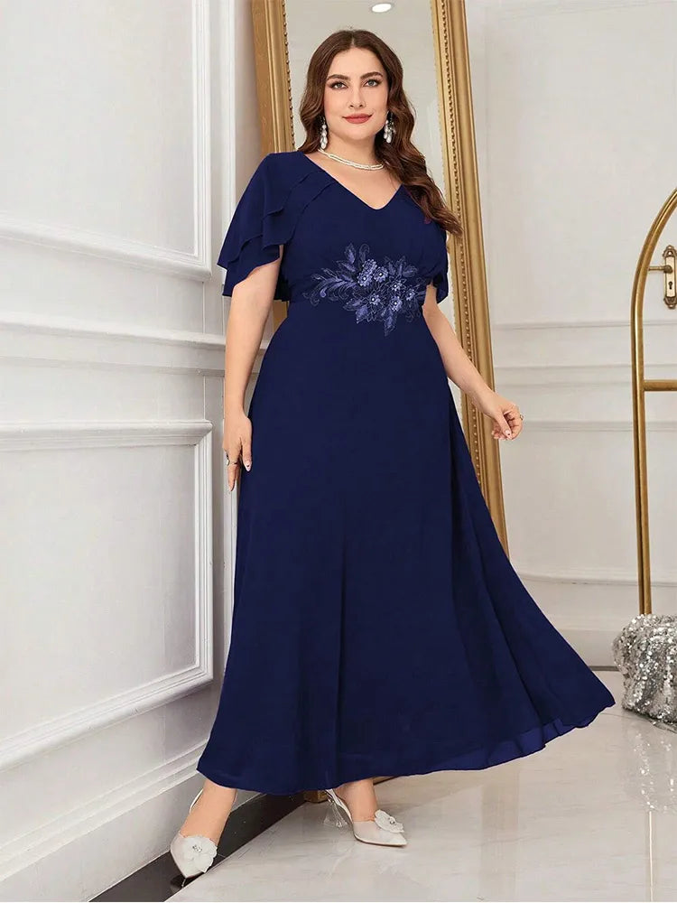 Luxury Wedding Ruffle Applique Plus Size Crew Neck Mixi Dress For Women Summer Purple Red Chiffon Prom Evening Dress