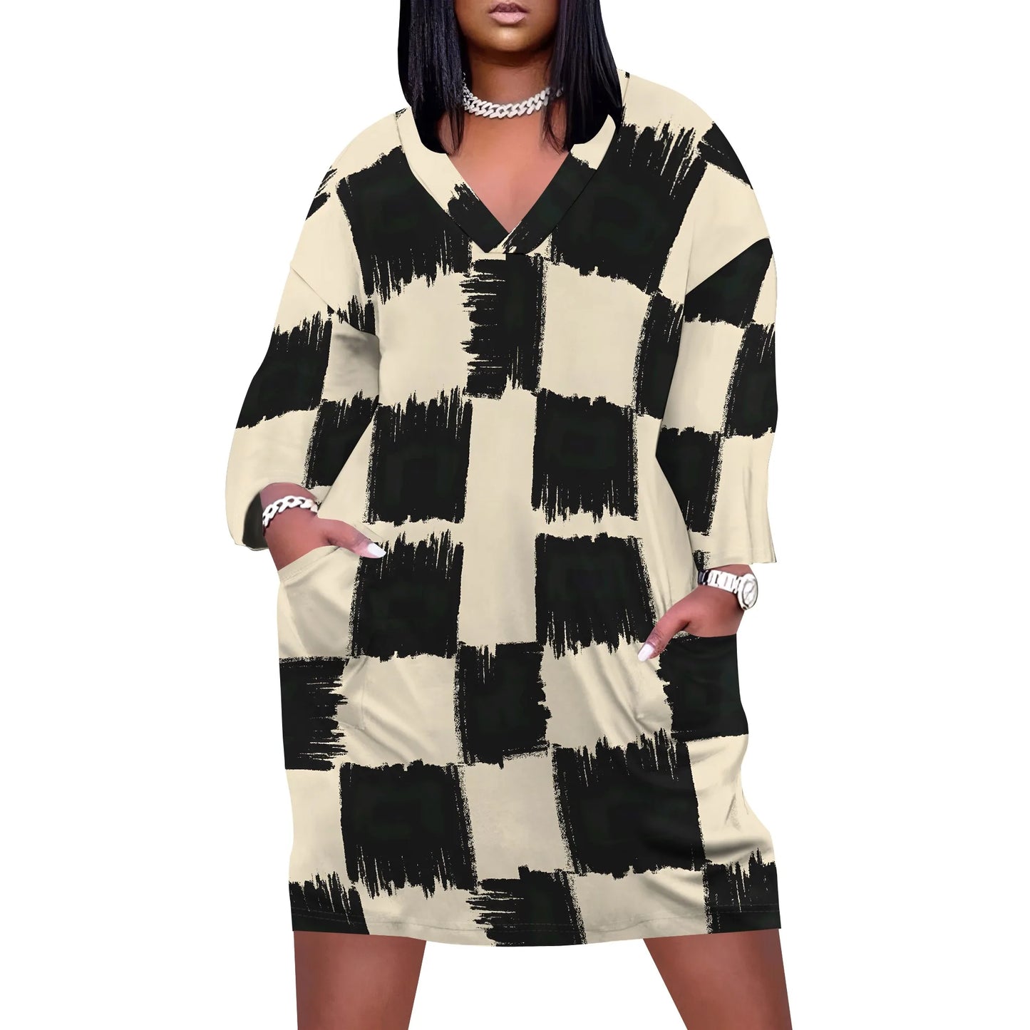 Plus Size Casual Dresses for Women Plus Size Sexy 3D Printed V Neck Long-sleeved Loose Maxi Dress with pockets