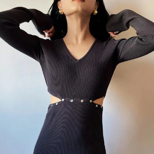 YuooMuoo 2024 Autumn Winter Knitted Women Dress Sexy Buttons Cut Out Waist Package Hips Bodycon Dress Lady Long Party Vestidos