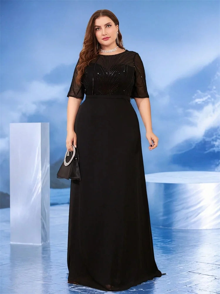 Elegant Short Sleeves Sequin Formal Evening Dress Women Chiffon Black Mermaid Bridesmaid Party Maxi Prom