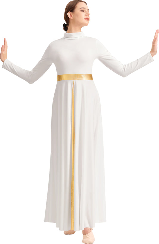 Women's Praise Dance Dress Metallic Waistband Long Swing Liturgical Worship Church Robe Dress Lyrical Dancewear High Neck
