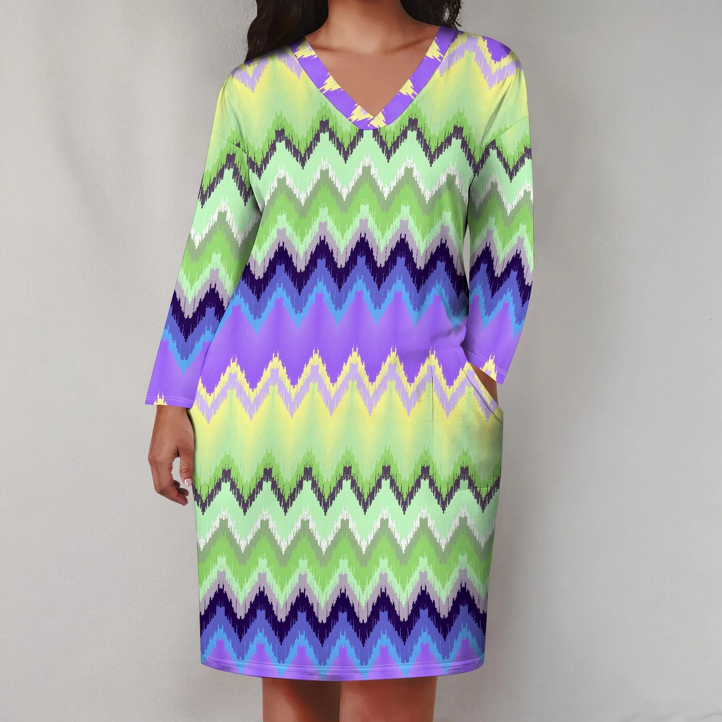 Plus Size Casual Dresses for Women Plus Size Sexy 3D Printed V Neck Long-sleeved Loose Maxi Dress with pockets