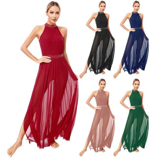 Womens Ballet Dress Lyrical Latin Dance Performance Costume Sleeveless Keyhole Back Shiny Rhinestones Side Split Mesh Maxi Dress