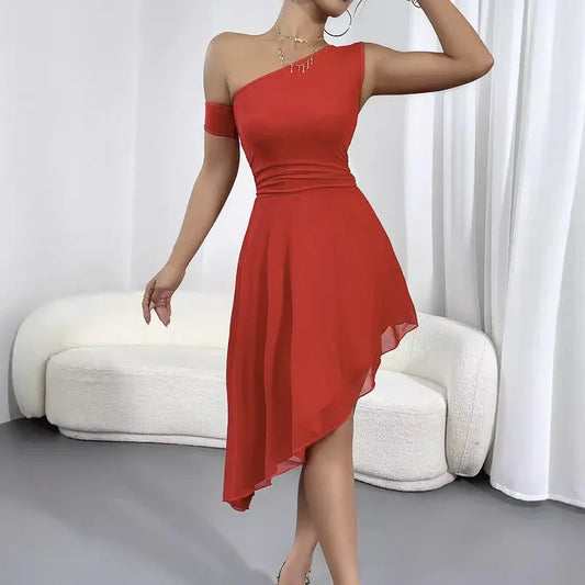 Cross-Border Sexy Pure Color Tube Top Dress with Slant Shoulder Design And Double Layer Mesh Backless Gown for Women