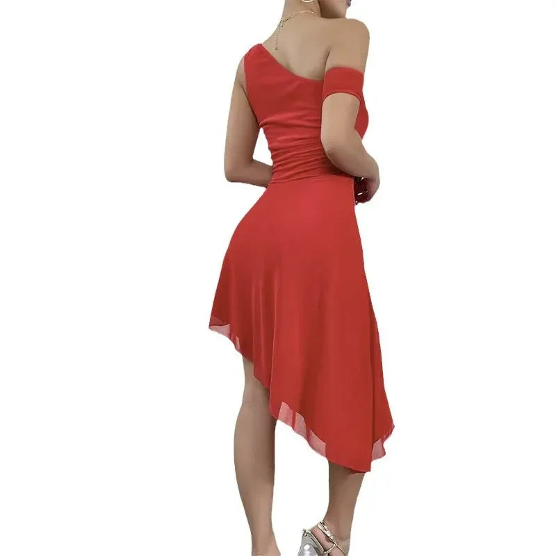 Cross-Border Sexy Pure Color Tube Top Dress with Slant Shoulder Design And Double Layer Mesh Backless Gown for Women